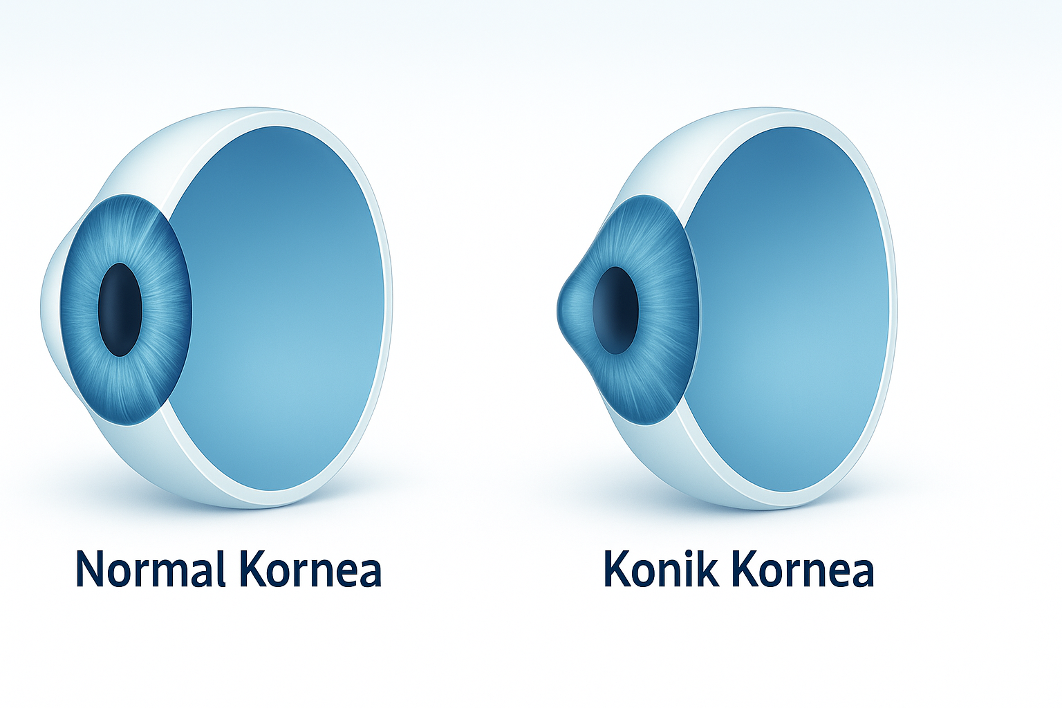 Normal korneada ışık düzgün kırılırken, keratokonuslu korneada incelme ve sivrileşme nedeniyle ışık dağılır, bulanık görme oluşur.